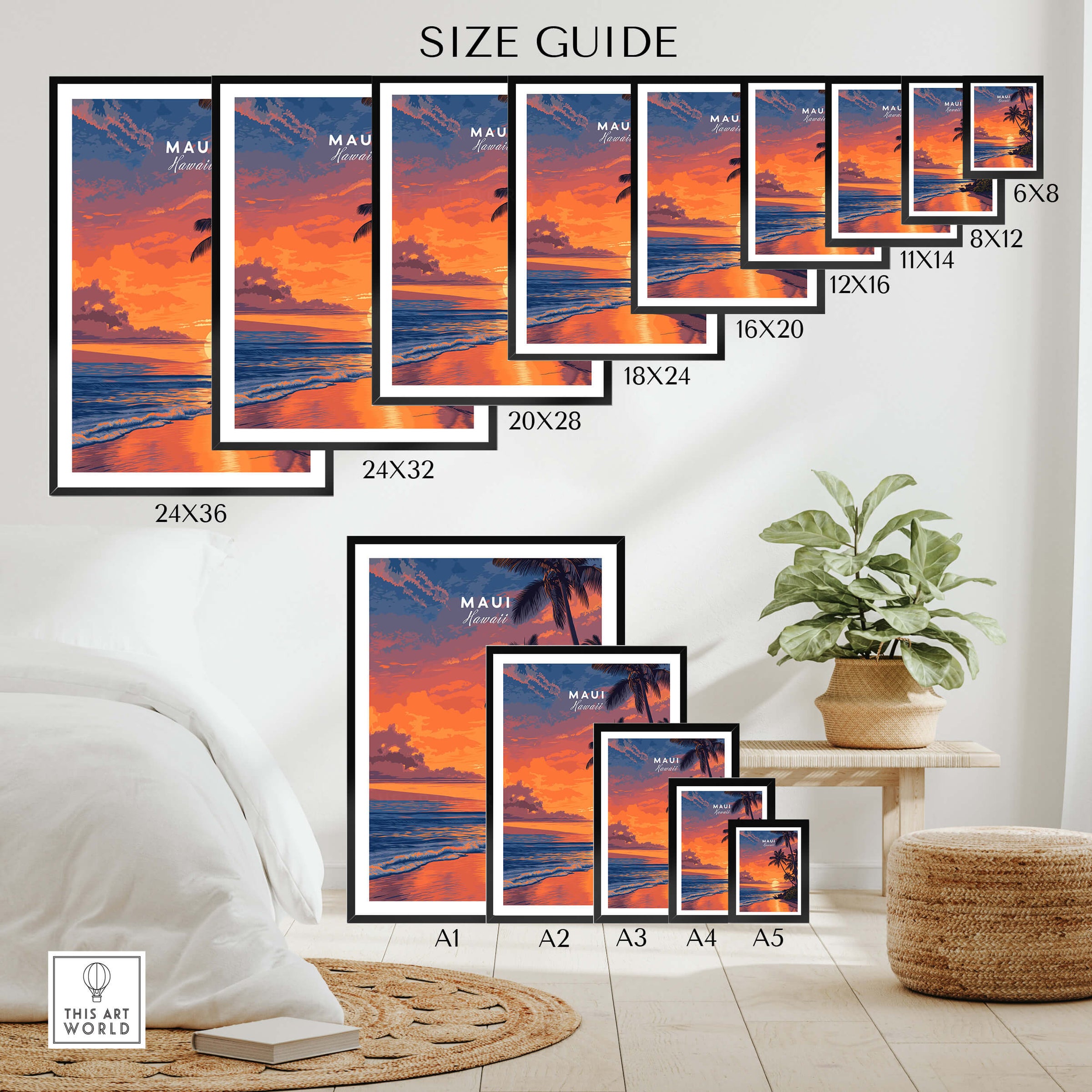 Maui Hawaii Travel Poster | Golden Hour Ocean Sunset Wall Art Print size guide with different frame dimensions.