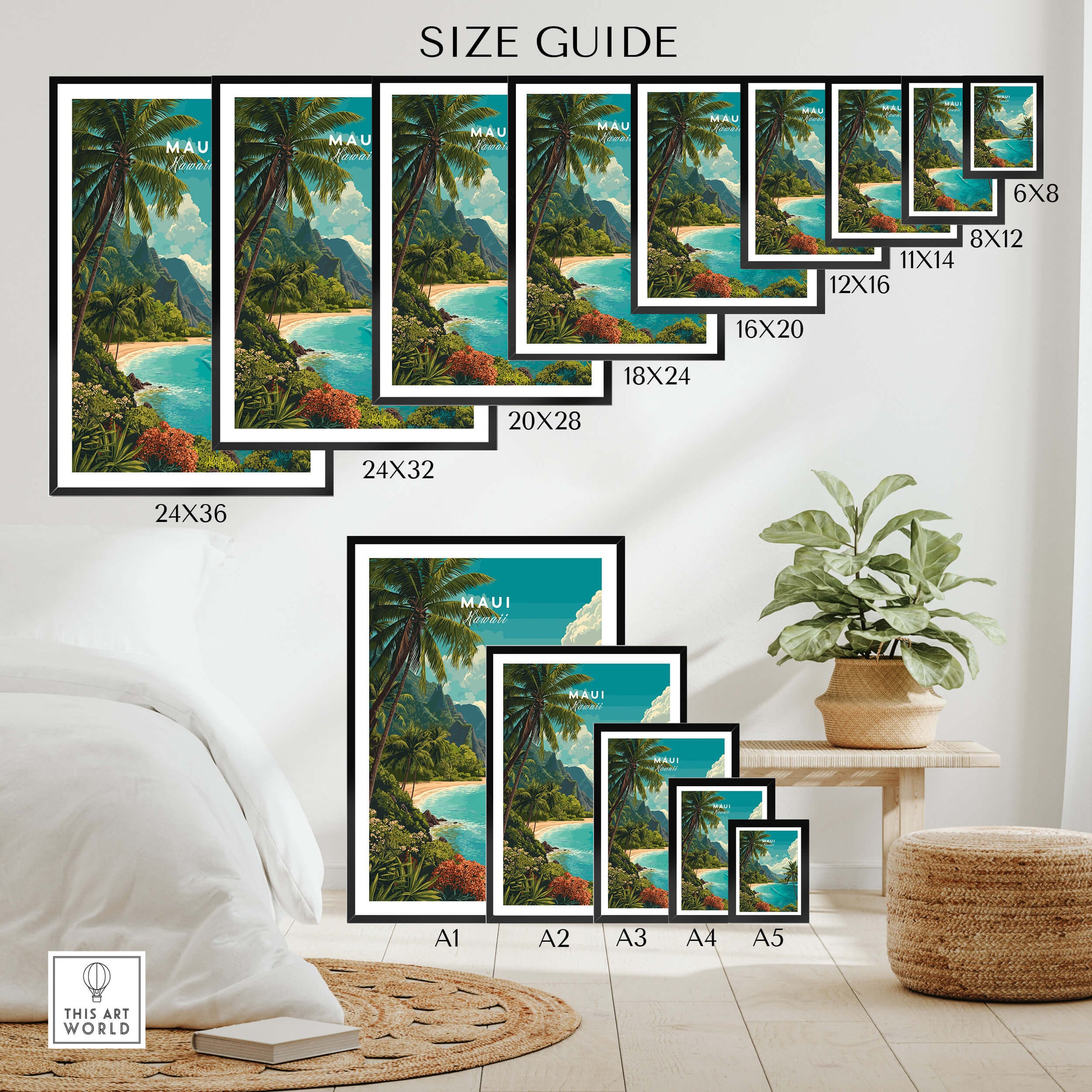 Maui Hawaii Wall Art Print | Lush Tropical Mountain Coast Travel Poster size guide showcasing various frame sizes.