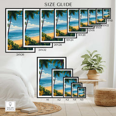 Maui Hawaii Travel Poster | Sunny Surfing Beach Wall Art Print size guide; various frame sizes displayed in an interior setting.