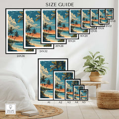 Maui Wall Art Print | Hawaii Evening Coastal Landscape Travel Poster size guide showcasing different print dimensions.