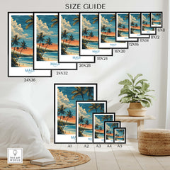 Maui Hawaii Poster | Tropical Twilight Shoreline Canvas Print Size Guide with various frame sizes and artwork styles.