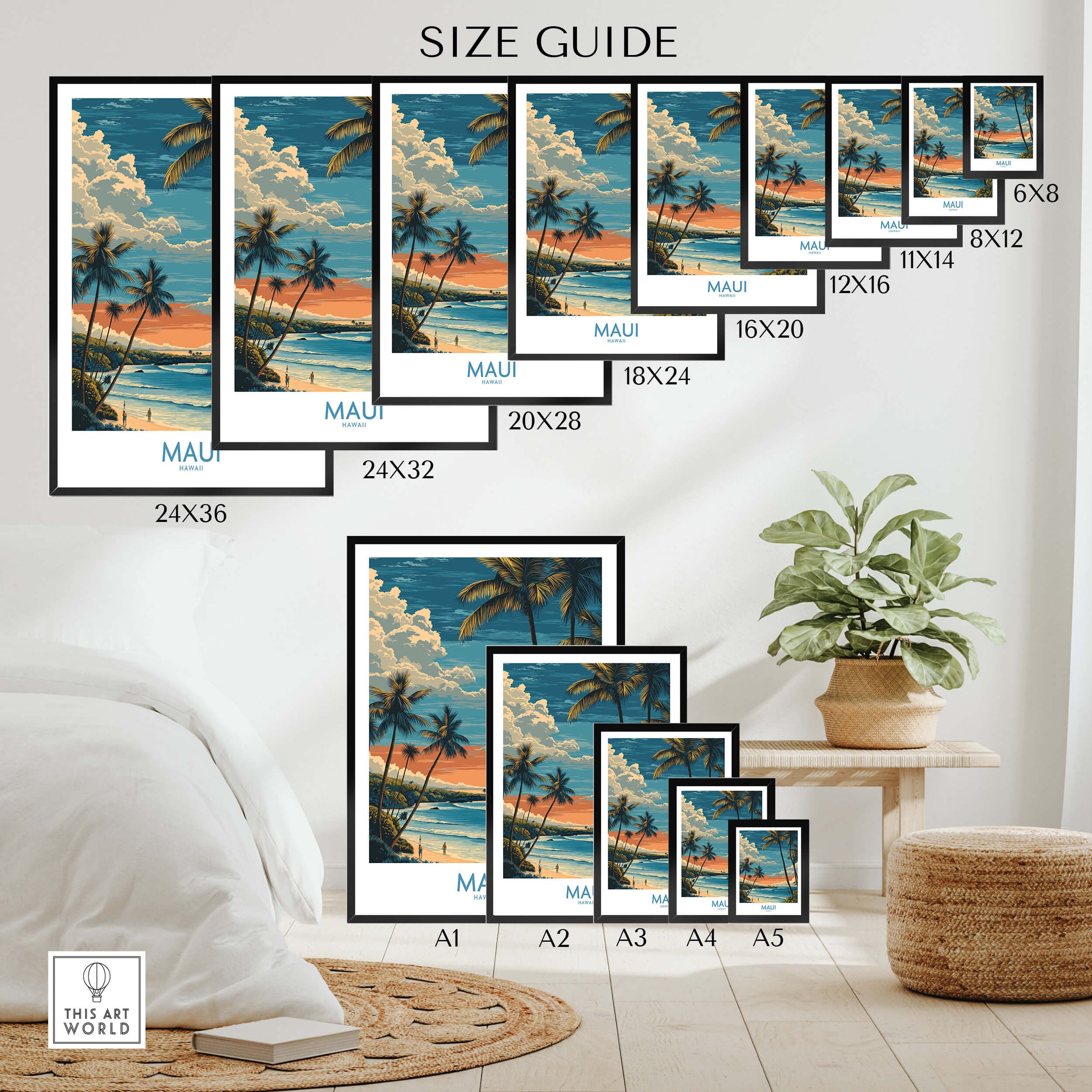 Maui Hawaii Poster | Tropical Twilight Shoreline Canvas Print Size Guide with various frame sizes and artwork styles.