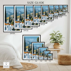 Mijas Spain Wall Art Print | Andalusian White Village Travel Poster size guide displaying various frame sizes.