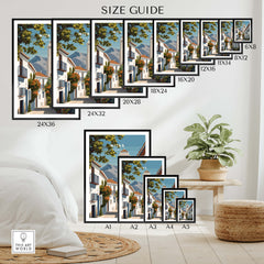 Mijas Spain Travel Poster | Traditional White Street Wall Art Print size guide showcasing various frame options.