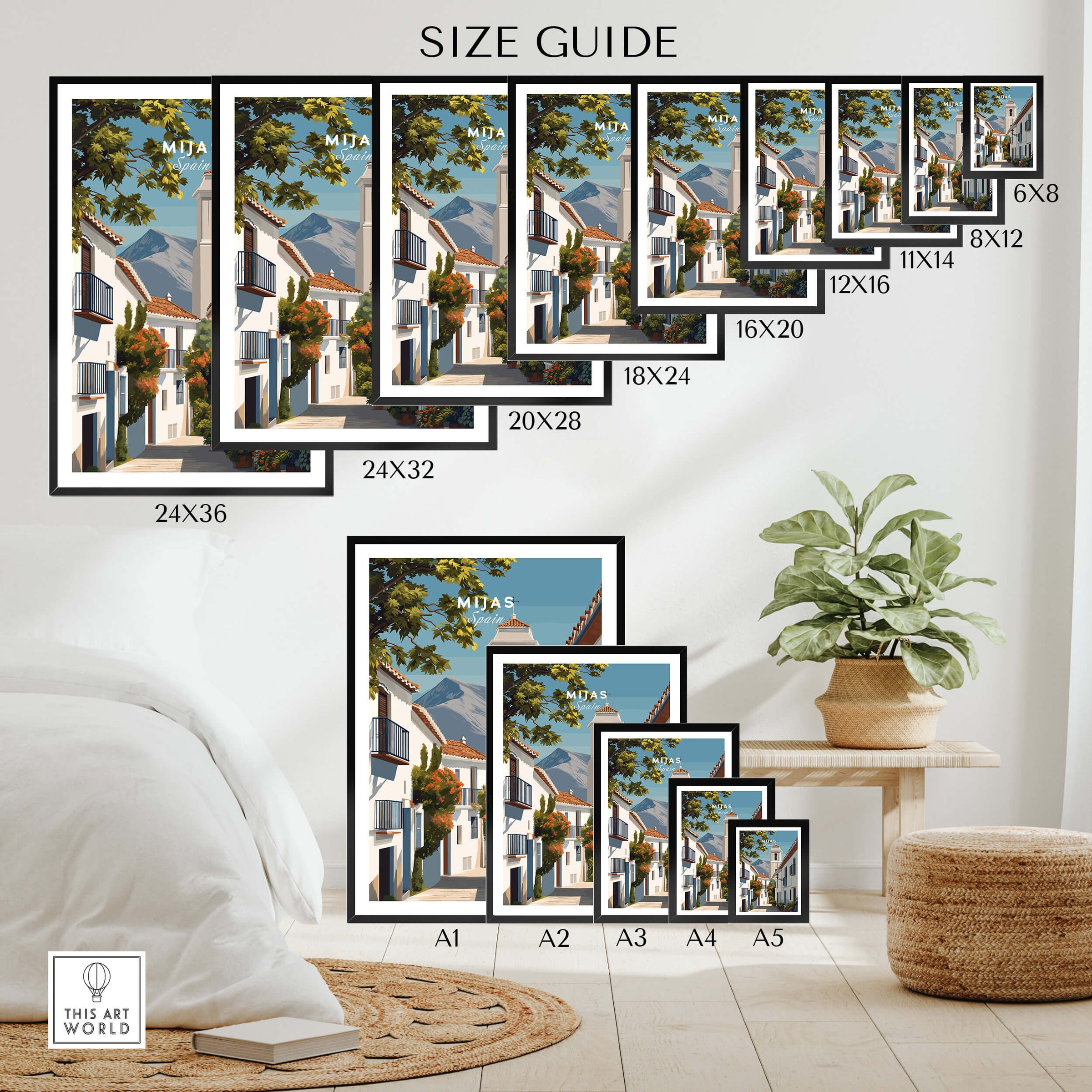 Mijas Spain Travel Poster | Traditional White Street Wall Art Print size guide showcasing various frame options.