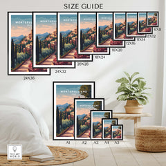 Montepulciano Italy Travel Poster | Tuscan Sunset Wall Art Print size guide showcasing various frame sizes.