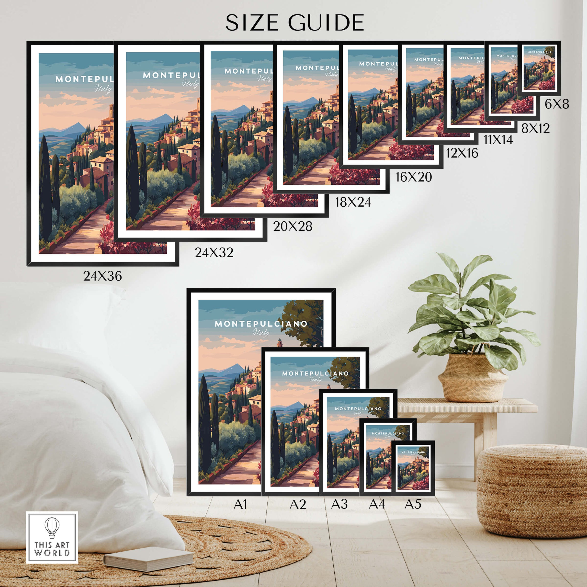 Montepulciano Italy Travel Poster | Tuscan Sunset Wall Art Print size guide showcasing various frame sizes.
