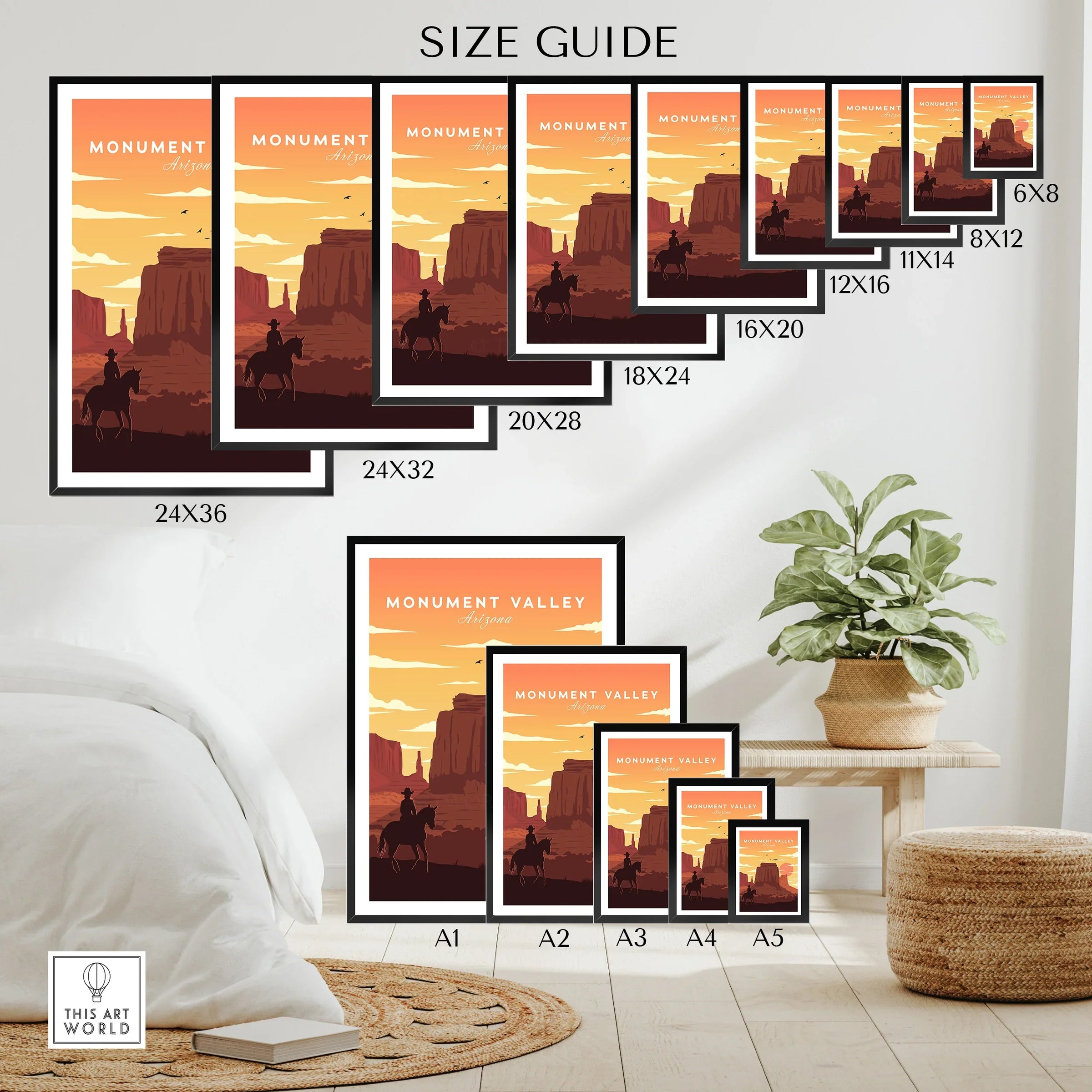 Monument Valley Arizona wall art poster size guide, desert landscape print in various sizes.