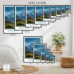 Mount Cook New Zealand Poster | Southern Alps Mountain Canvas Print size guide featuring various frame sizes.