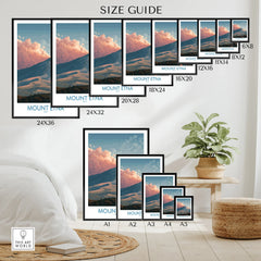 Mount Etna travel poster wall art size guide with framed prints in various dimensions