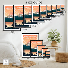 Mount Rainier National Park travel poster size guide with framed wall art in various sizes