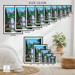 Mount Rainier National Park travel poster size guide showing various wall art print dimensions.