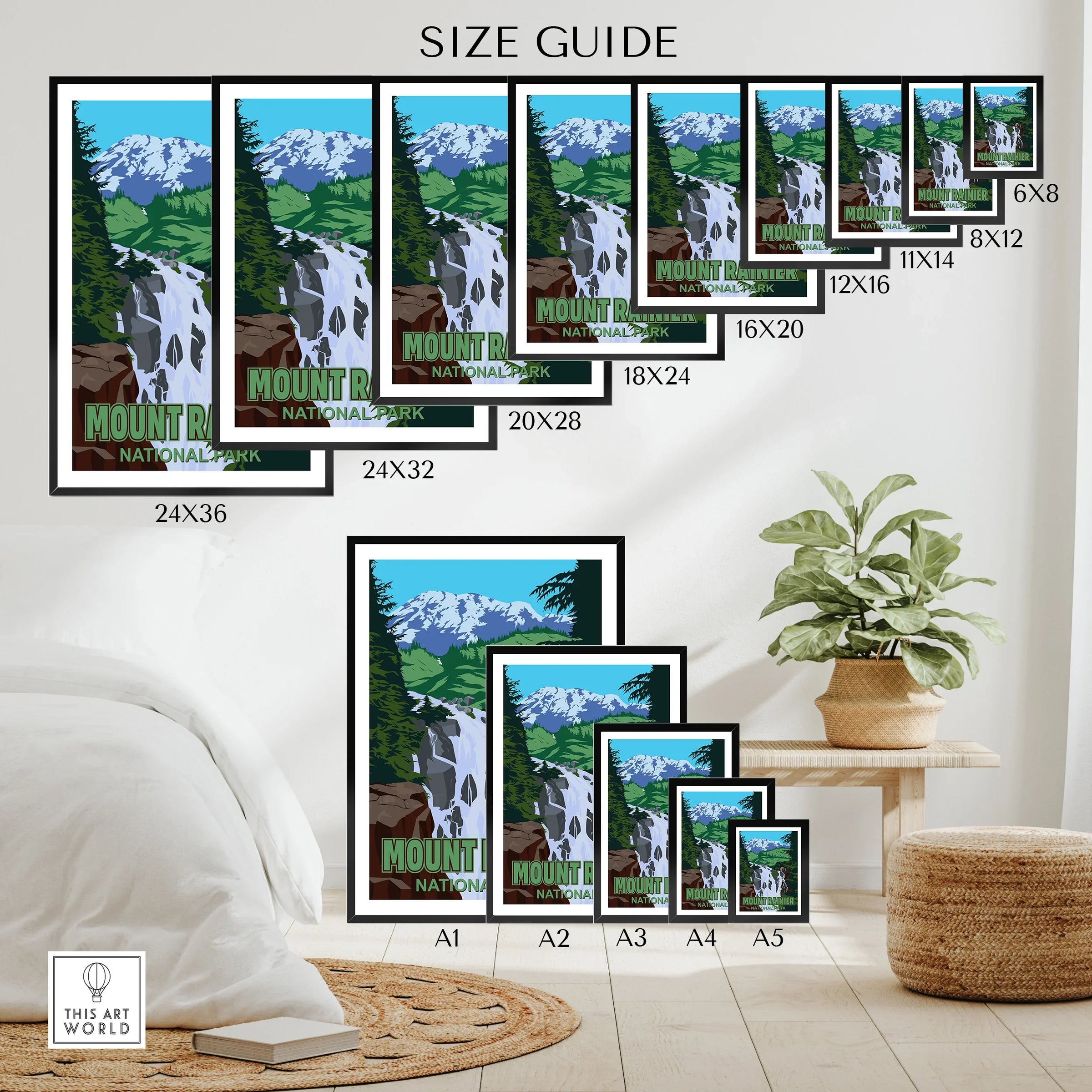 Mount Rainier National Park travel poster size guide showing various wall art print dimensions.