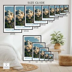 Mount Rushmore Poster | Black Hills National Memorial Canvas Print size guide showing various frame sizes.