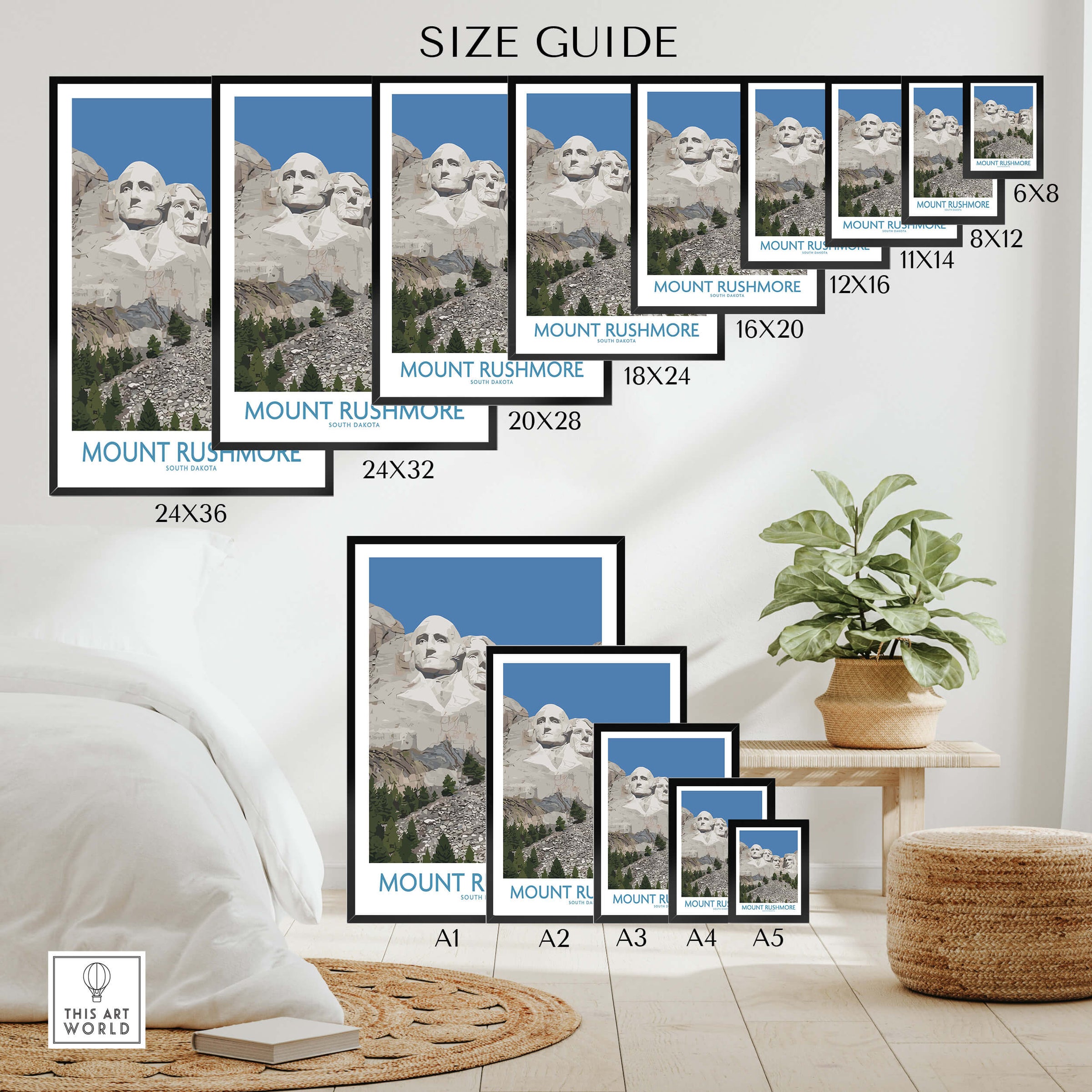 Mount Rushmore Poster | Black Hills National Memorial Canvas Print South Dakota size guide with multiple frame options.