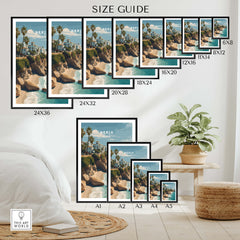 Nerja Spain Wall Art Print | Mediterranean Travel Poster size guide with various frame options displayed.