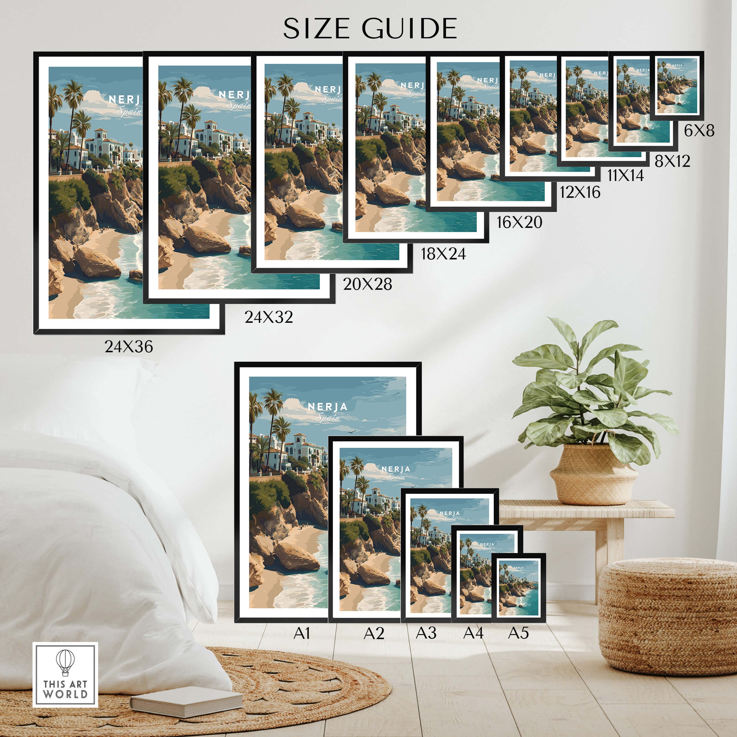 Nerja Spain Wall Art Print | Mediterranean Travel Poster size guide with various frame options displayed.