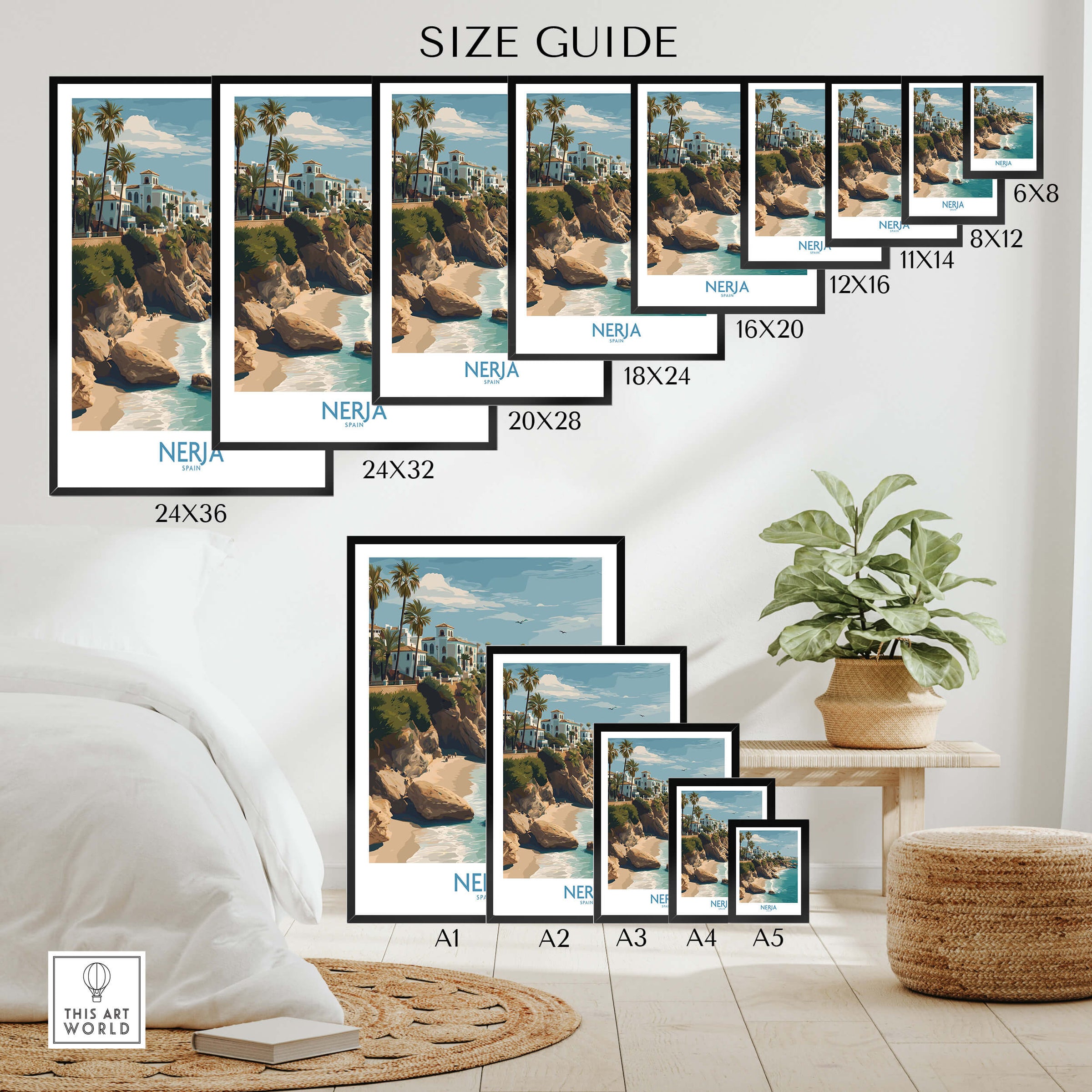 Nerja Spain Poster | Spanish Village Canvas Print size guide with various dimensions displayed.