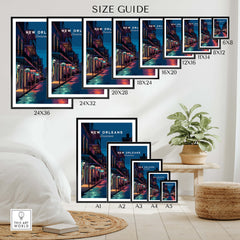 New Orleans Travel Poster | Bourbon Street Night Wall Art Print size guide showcasing various frame dimensions.