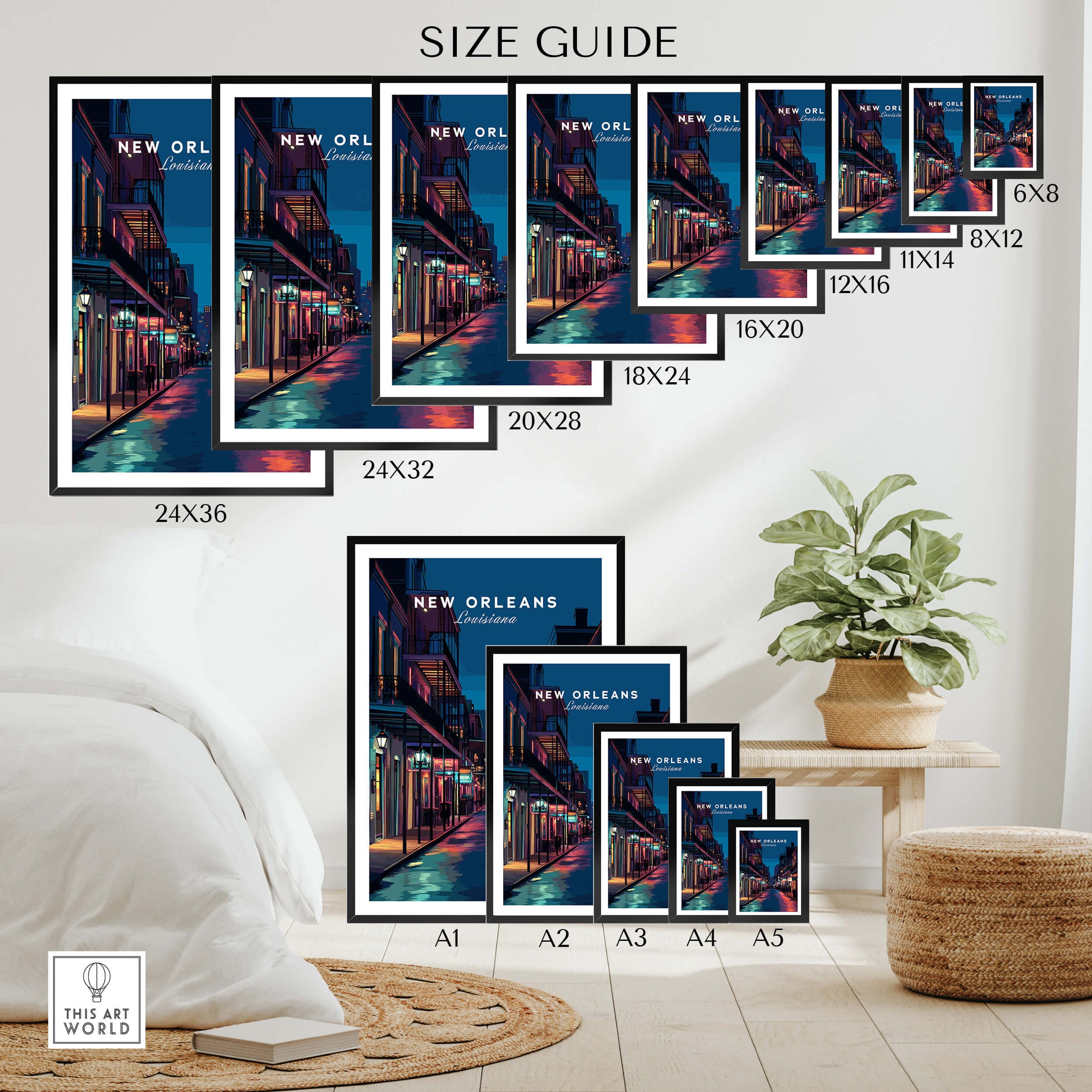 New Orleans Travel Poster | Bourbon Street Night Wall Art Print size guide showcasing various frame dimensions.