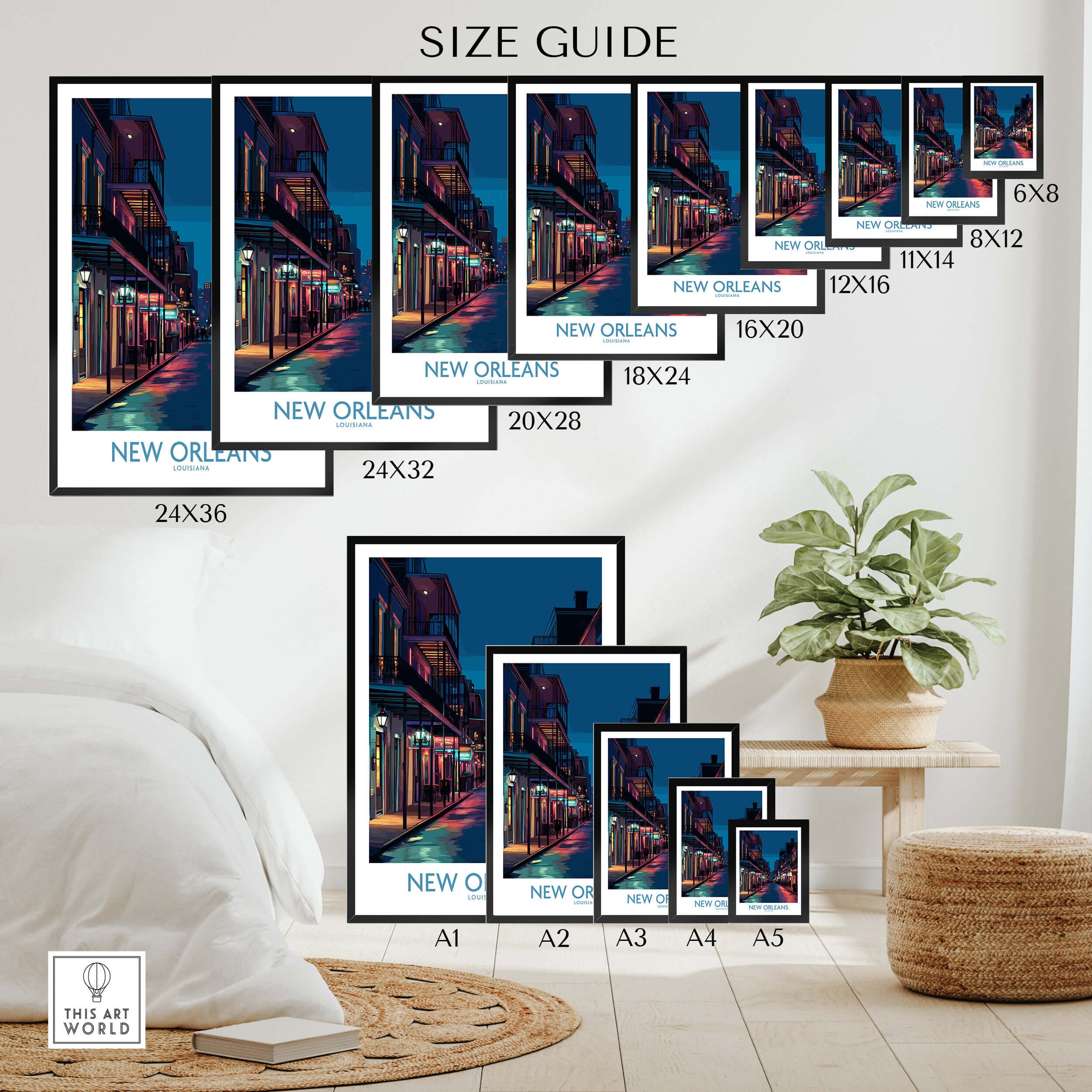 New Orleans Canvas Print | French Quarter Cityscape Poster size guide showcasing various print sizes.