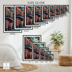 New Orleans Poster | Jazz Band Street Scene Wall Art Print size guide showing various dimensions and frame styles.