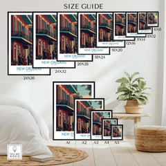 New Orleans Canvas Print | Musical Heritage Cityscape Poster size guide showcasing various dimensions and display options.