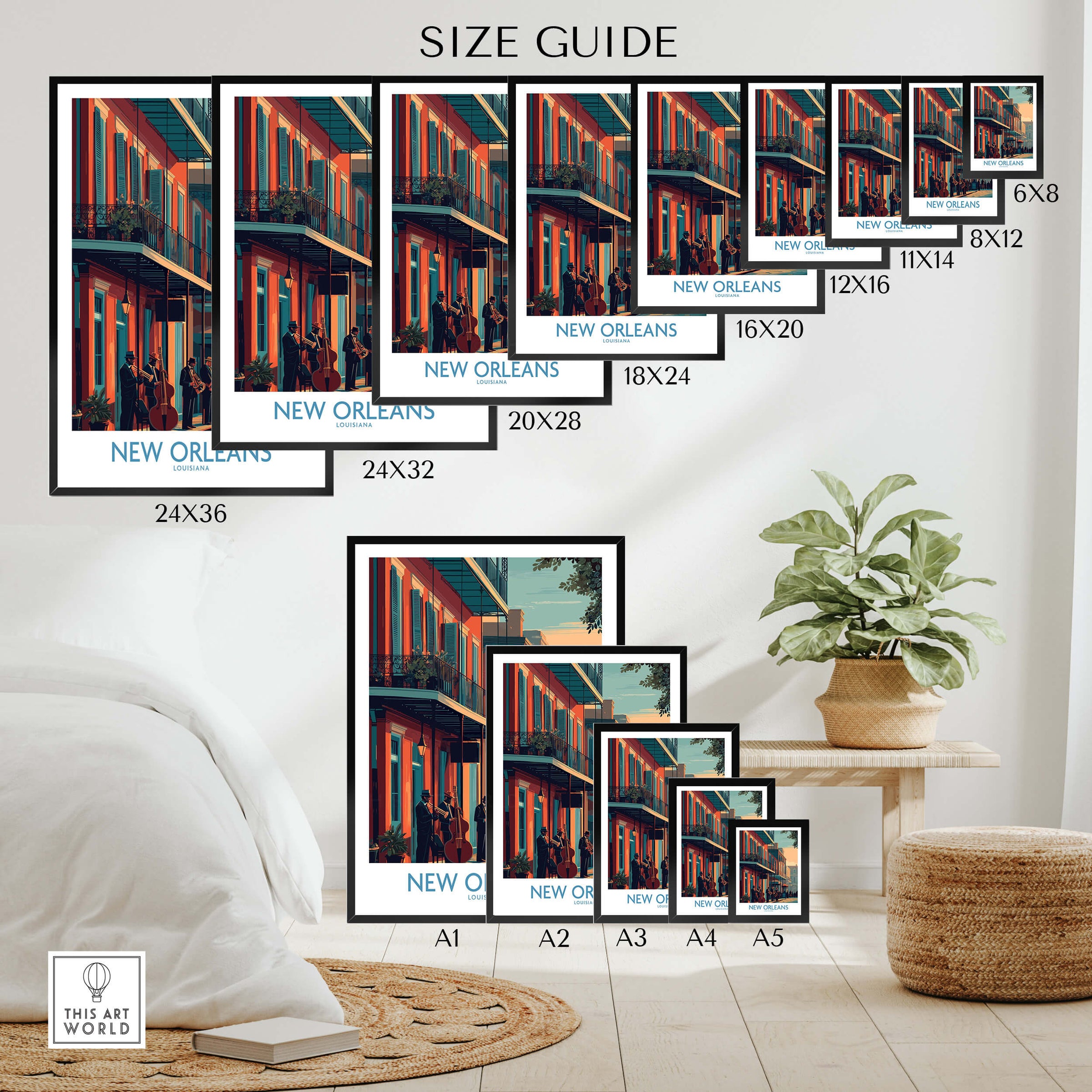 New Orleans Canvas Print | Musical Heritage Cityscape Poster size guide showcasing various dimensions and display options.