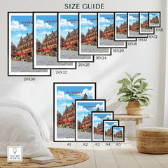 Wall art poster size guide with various frame sizes featuring Nijmegen cityscape print.
