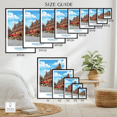 Wall art poster size guide showing a colorful Nijmegen cityscape print in various dimensions, displayed in a modern bedroom setting.