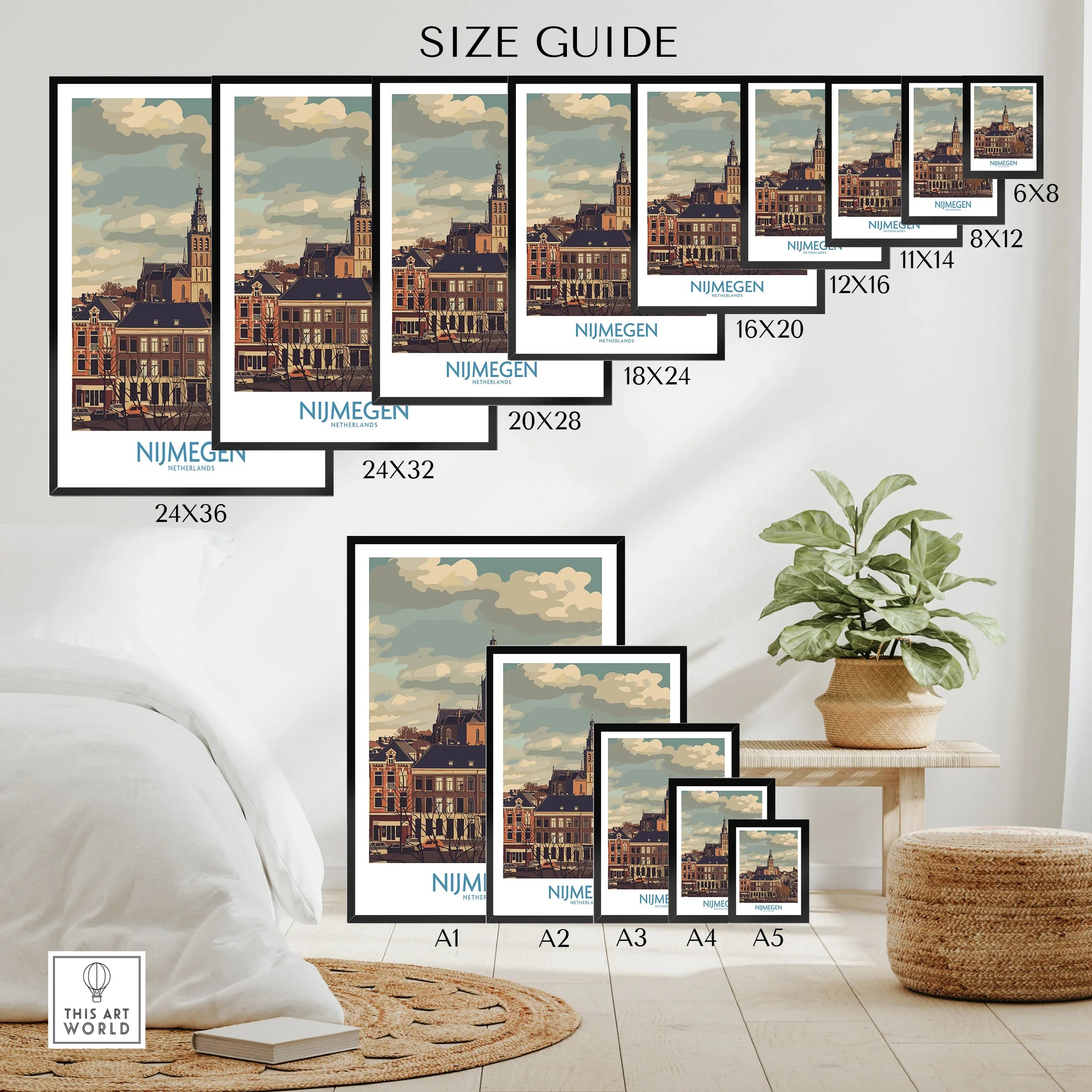 Wall art poster size guide showing various Nijmegen cityscape prints in a modern bedroom.