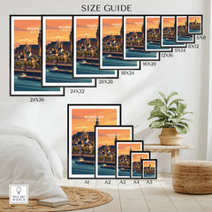 Wall art poster size guide showing Nijmegen city skyline prints in various frame sizes.