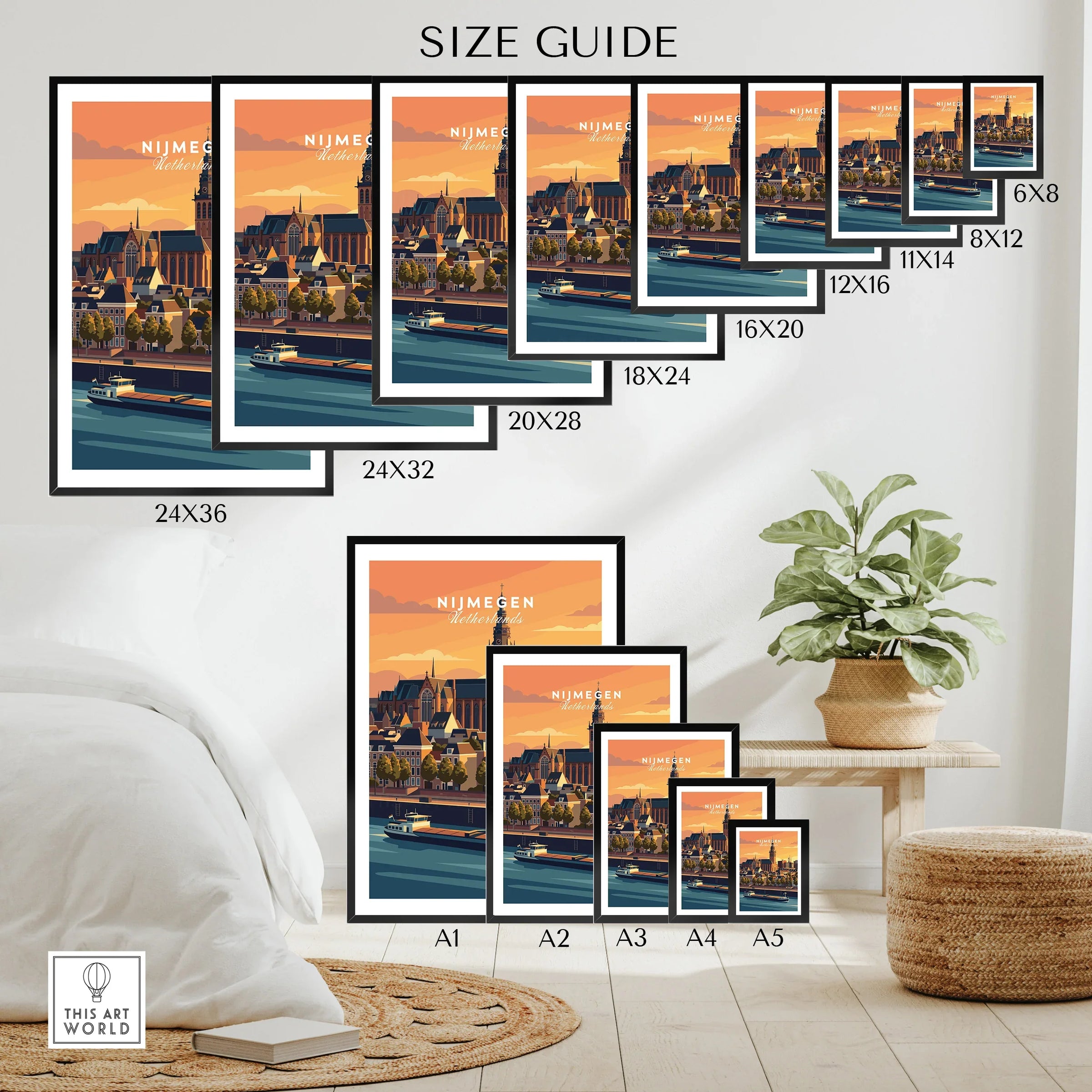 Wall art poster size guide showing Nijmegen city skyline prints in various frame sizes.