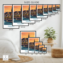 Nijmegen city skyline travel poster wall art size guide with modern home decor setup
