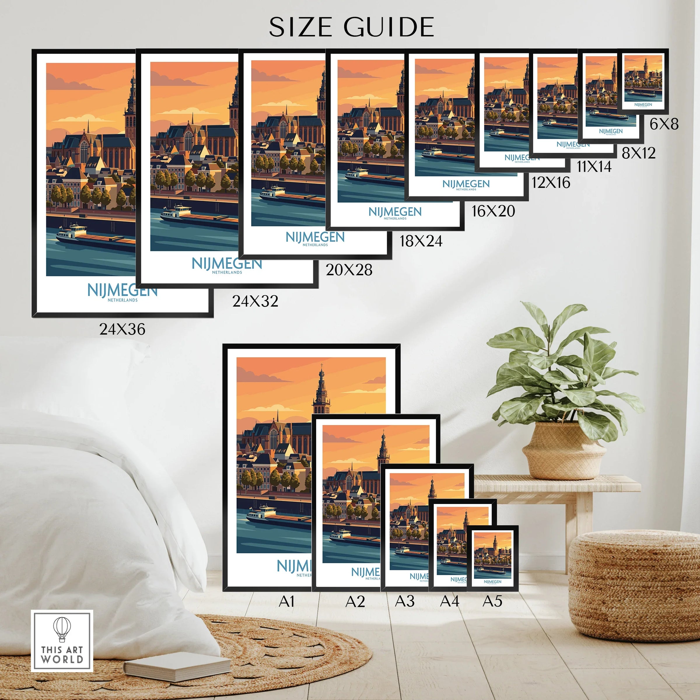 Nijmegen city skyline travel poster wall art size guide with modern home decor setup