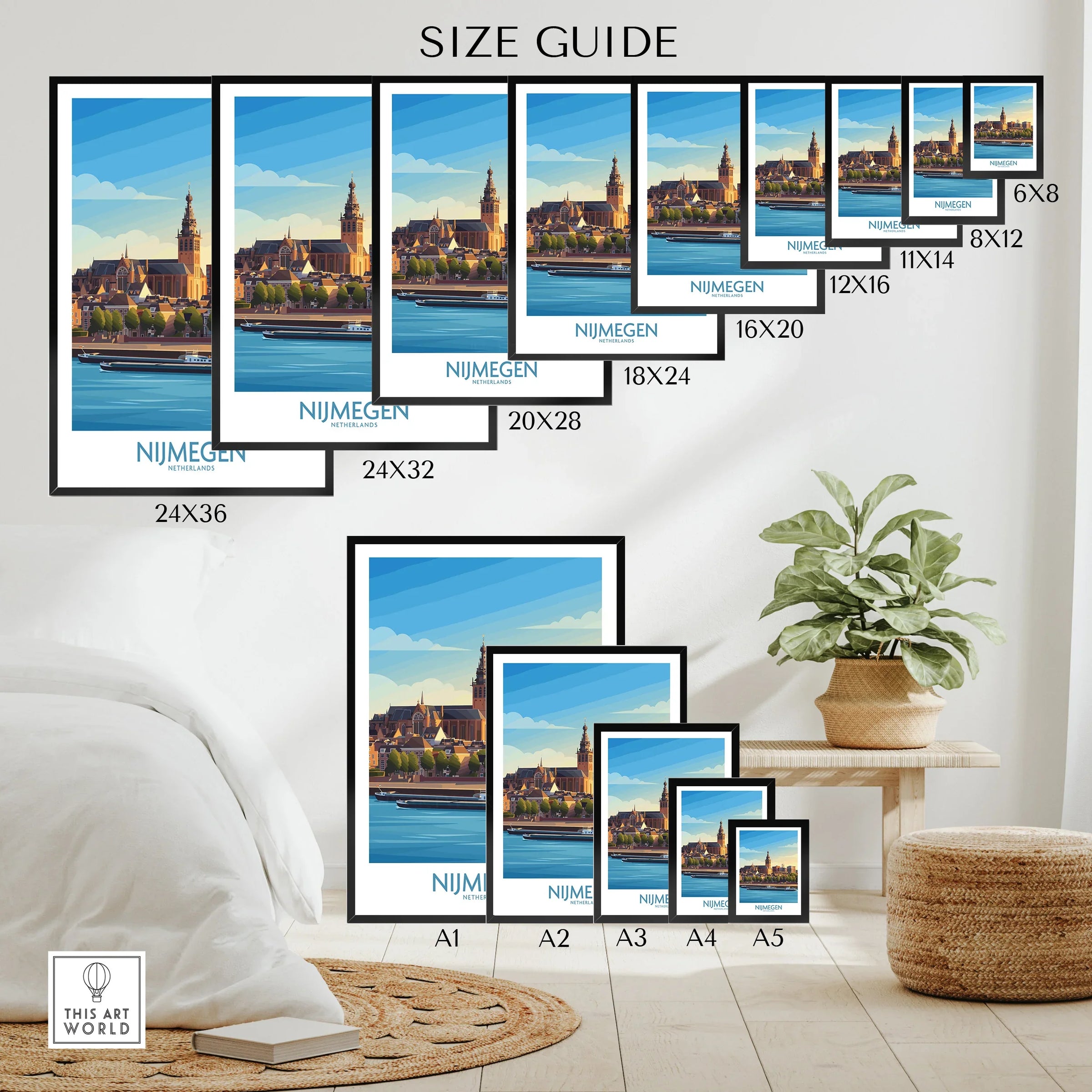 Travel poster size guide featuring Nijmegen city skyline wall art in various frame sizes.