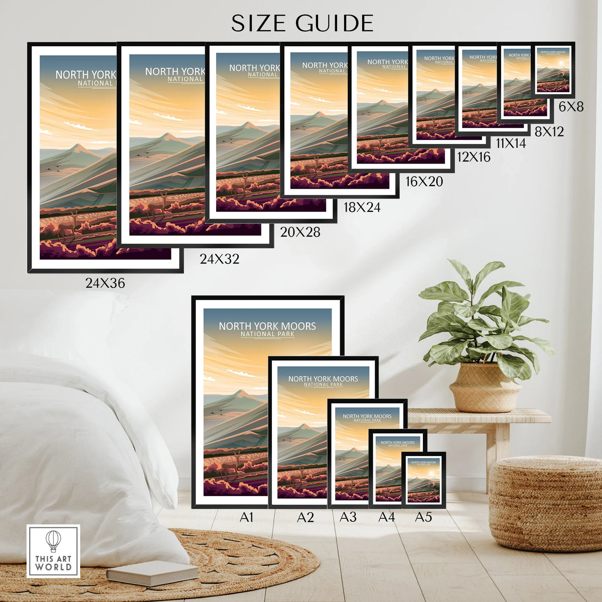 North York Moors National Park poster size guide with scenic landscape wall art in multiple frames.