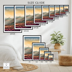North York Moors National Park poster size guide with scenic landscape wall art in multiple frames.