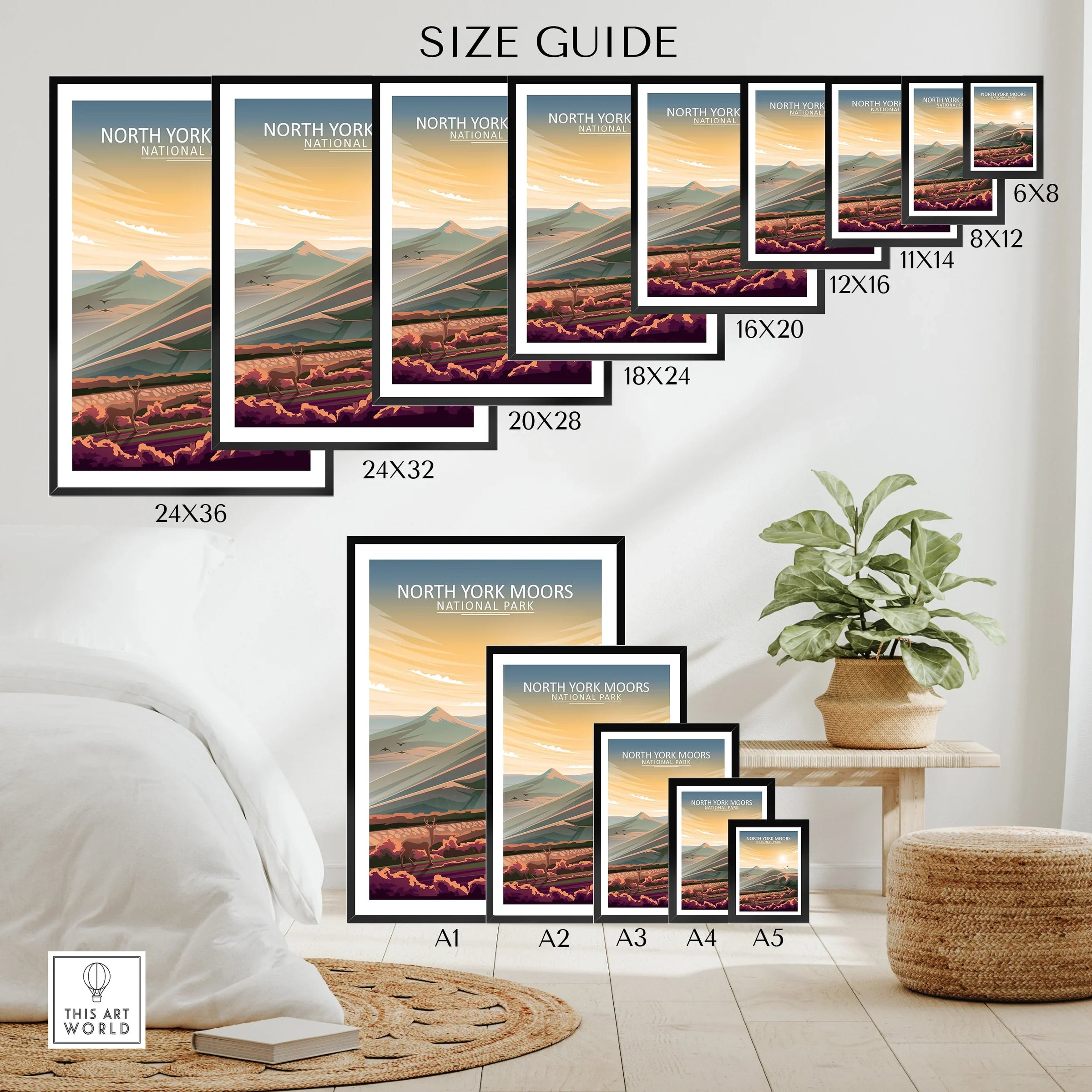 North York Moors National Park poster size guide with scenic landscape wall art in multiple frames.