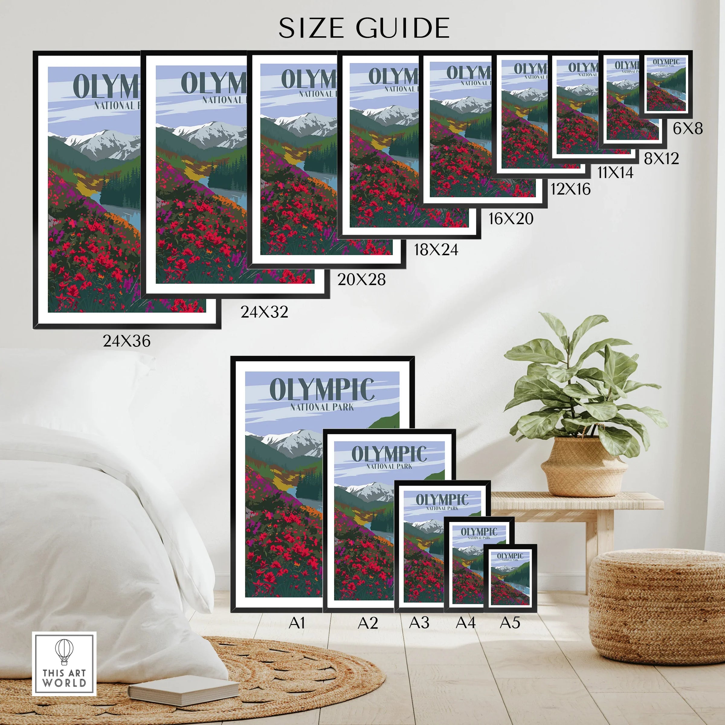 Wall art poster size guide with Olympic National Park print in various frame sizes, displayed above a bed and plant for home decor reference.
