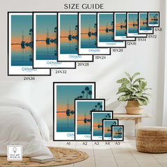 Oxnard California Poster | Scenic Pacific Marina Canvas Print size guide showcasing various dimensions and designs.
