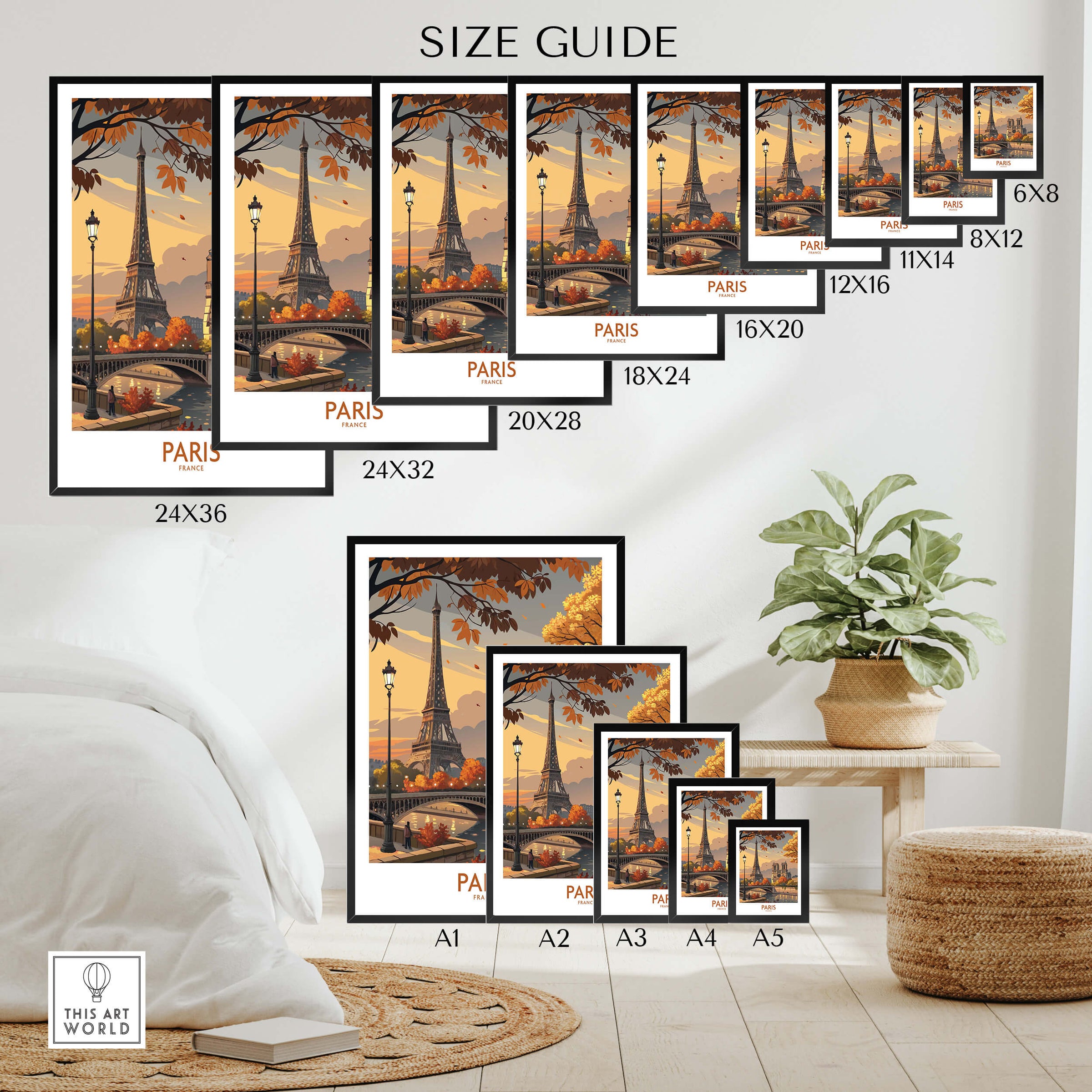 Paris France Autumn Seine River Art Print | Eiffel Tower and Notre Dame Poster size guide with various frame dimensions.