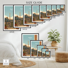 Paris France wall art poster size guide with Eiffel Tower view, various frame sizes shown.