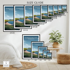 Pembrokeshire Coast National Park wall art poster size guide with multiple framed prints displayed in a modern home decor setting.