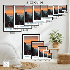 Pico do Arieiro mountain travel poster wall art size guide with multiple print sizes.