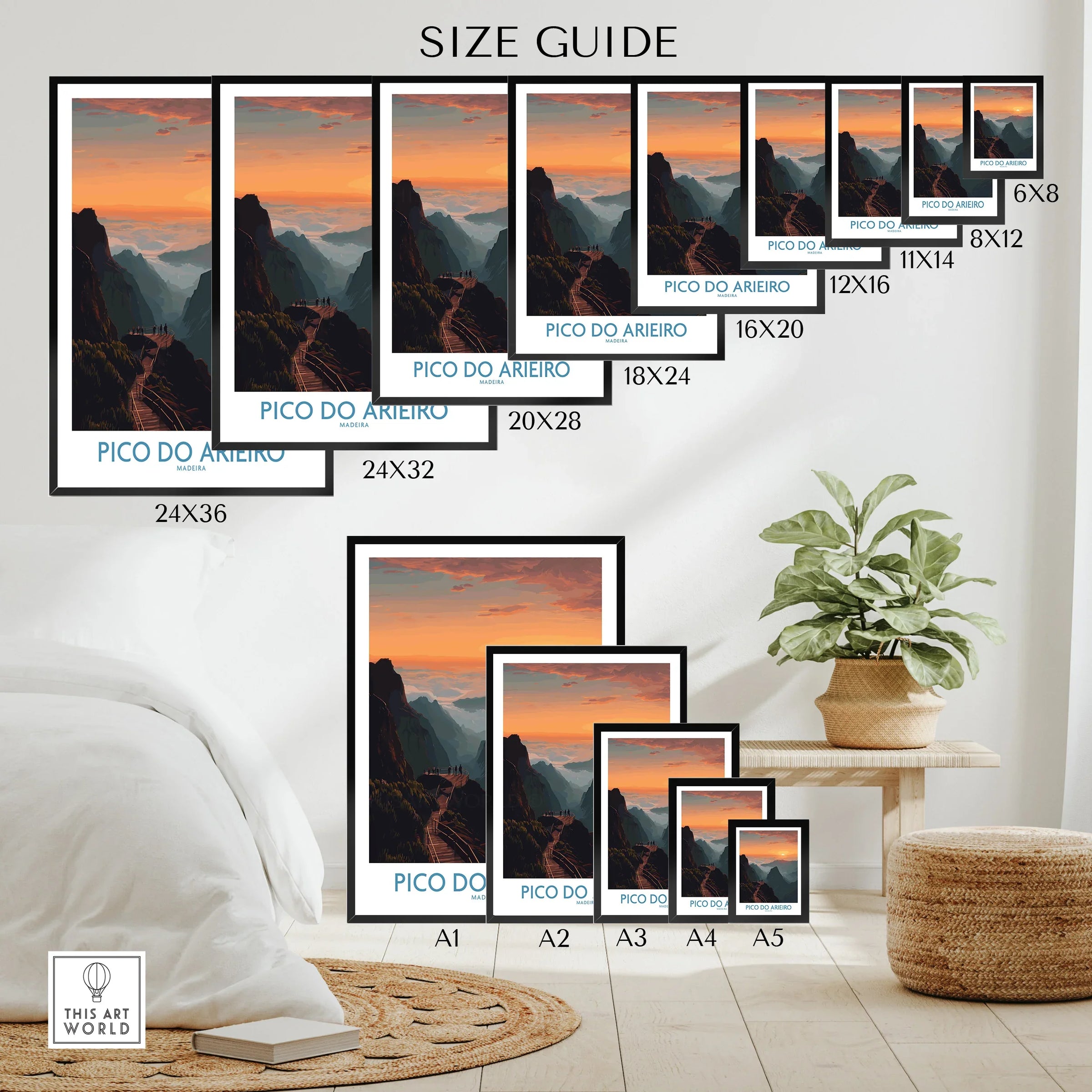 Pico do Arieiro mountain travel poster wall art size guide with multiple print sizes.