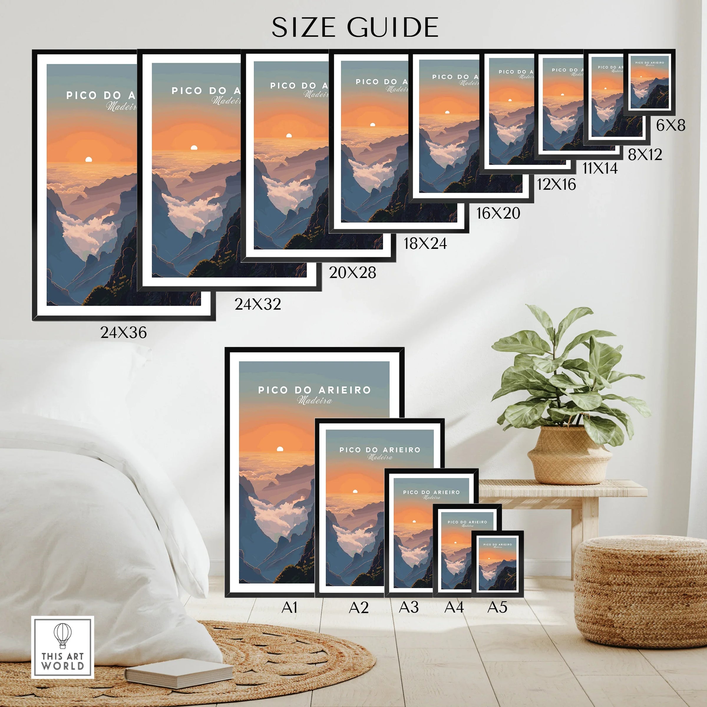 Pico do Arieiro wall art poster size guide with mountain sunset landscape in modern decor.
