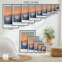 Pico do Arieiro sunset wall art poster size guide with mountain landscape prints displayed