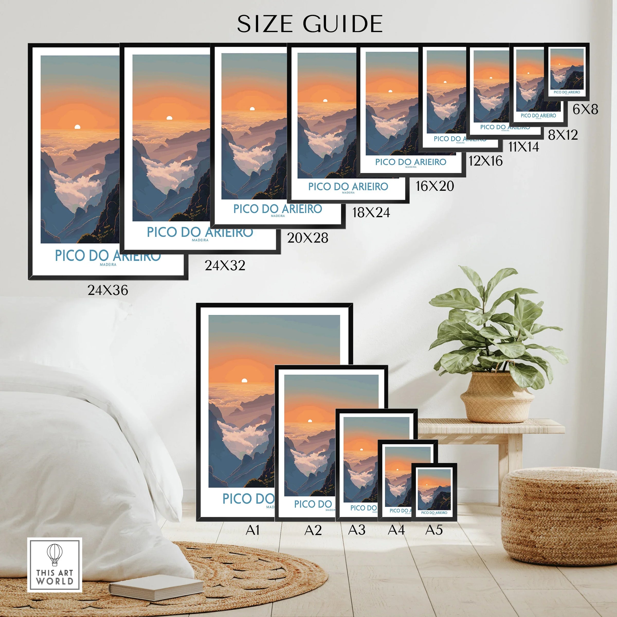 Pico do Arieiro sunset wall art poster size guide with mountain landscape prints displayed