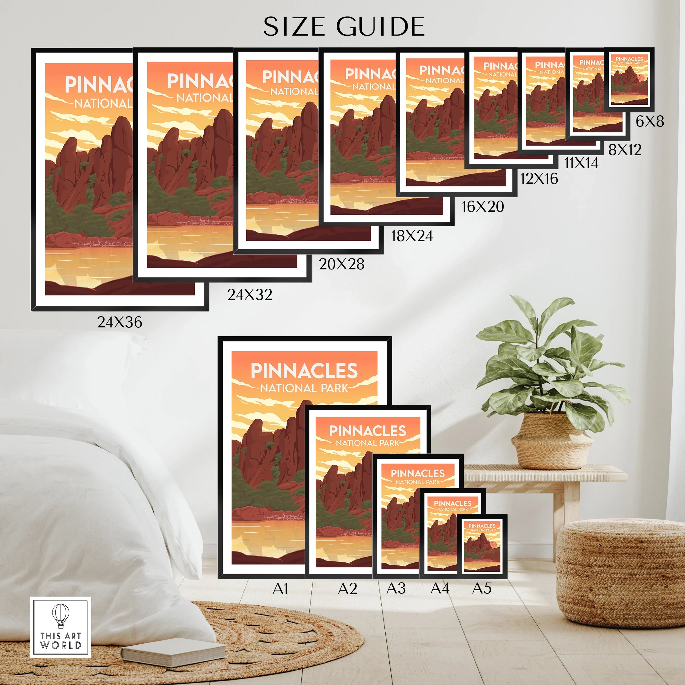 Pinnacles National Park wall art poster size guide with vintage travel art in a modern room setting.